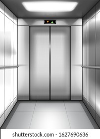 Empty elevator cabin with closed doors and digital display with arrows up and down. Vector realistic interior of passenger or cargo lift with metal walls and handrails in office building or house