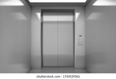 Empty elevator cabin with closed steel doors inside view. Vector realistic interior of passenger lift with buttons panel and digital display with number of floor in house or office building