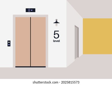 Empty elevator hall and corridor, residential building, indoors, no people