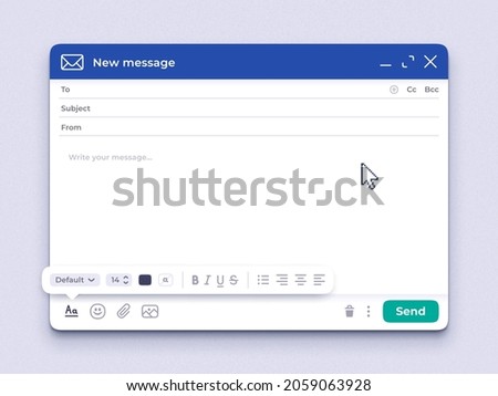 Empty email window. Mail app interface template, sending email mockup and New message UI
