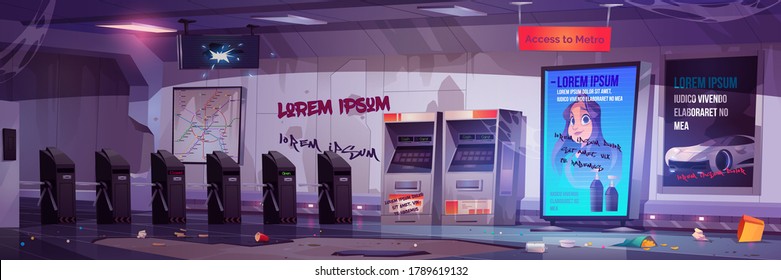 Empty entrance to metro station with turnstile, ticket machine and subway map. Vector cartoon illustration of messy interior of underground railway with trash, broken display and graffiti on wall