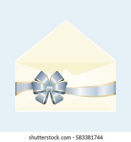 Empty envelope opened decorated with blue ribbon bow. Illustration isolated on blue background. Vector image.