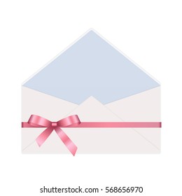 Empty envelope opened decorated with pink ribbon bow. Illustration isolated on white background. Vector image.
