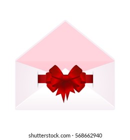 Empty envelope opened decorated with red ribbon bow. Illustration isolated on white background. Vector image.