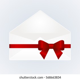 Empty envelope opened decorated with red ribbon bow. Illustration isolated on background. Vector image.