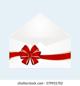 Empty envelope opened decorated with red ribbon bow. Illustration isolated on blue background. Vector image.