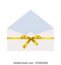 Empty envelope opened decorated with yellow ribbon bow. Illustration isolated on white background. Vector image.