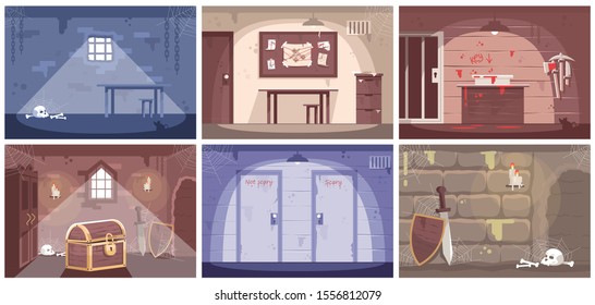 Empty escape room flat vector illustrations set. Labyrinth, prison cell. Getting out of trap, searching solution, crime investigation, solving mysteries. Quest room game. Modern entertainment