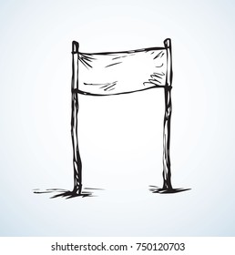 Empty event canvas design ad template on light backdrop. Line black ink hand drawn logo emblem sketchy in art retro doodle cartoon graphic style pen on paper. Close up view with space for text