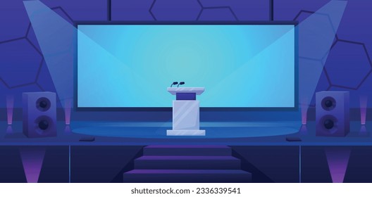Empty event conference hall, cartoon concrete or university stage. Awards discussion scene, speaker podium or seminar tribune nowaday vector location