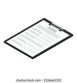 Hoja de examen vacía aislada en fondo blanco, vista isométrica. Vector