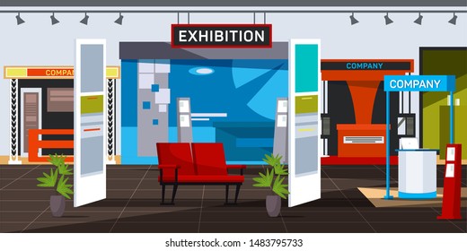 Empty Exhibition Centre Flat Vector Illustration. Corporate Exposition Hall Interior With No People. Various Promotional Stands And Counters With Sign Boards. Company Product Presentation, Marketing