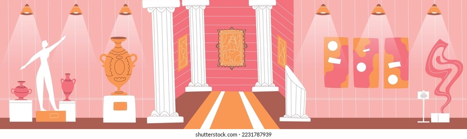 Empty exhibition hall. Museum interior with art showpiece. Sculptures and paintings. Ceramic vases on pedestals and columns. Contemporary artworks or antique artifacts