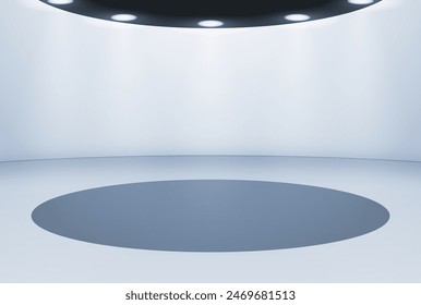 Espacio de exposición vacío sobre un fondo de estudio en un diseño moderno y simple minimalista con un pedestal o podio iluminado redondo. Ilustración vectorial.