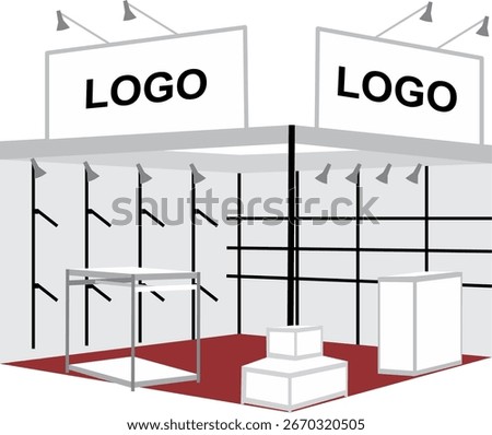 Empty exhibition trade space with red carpet. Blank gray white trade exhibition booth system stand with red carpet floor. Blank indoor exhibition with work paths.