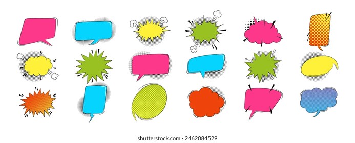 Empty explosion speech bubbles with text in trendy pop art style