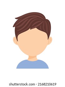 Empty Face of a Pretty Little Boy and Child. Template. Front view. Brunette Hair and a Blue Shirt. Blank for Portrait and Avatar. Color Cartoon style. White background. Vector illustration.