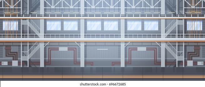 Empty Factory Conveyor Automatic Assembly Line Machinery Automation Industry Concept Flat Vector Illustration