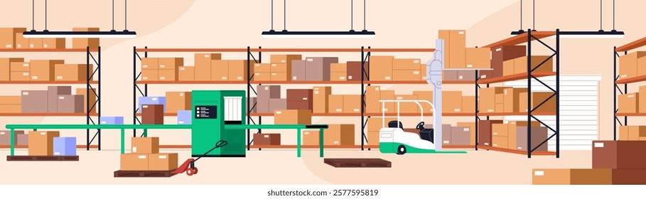 Empty factory warehouse with packages on shelves. Interior of storage building with forklift, boxes on racks. Logistic, service of shipment, distribution, delivery of goods. Flat vector illustration