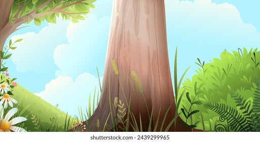 Empty fairytale forest scenery background with big tree trunk in the middle. Magical tree in the woods jungle. Nature wallpaper for children. Vector hand drawn illustrated nature in watercolor style.