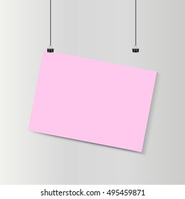 Empty falling horizontal pink paper poster mockup on grey wall with paper clips. Vector illustration.