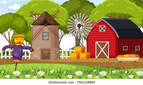 Empty farm scene with red barn and windmill illustration