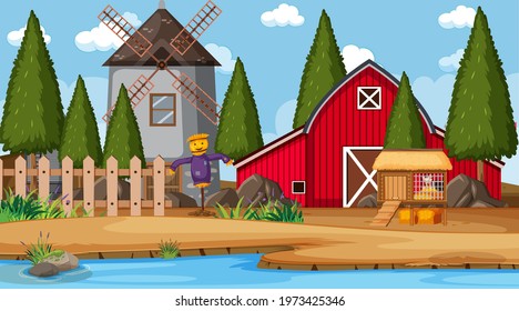 Empty farm scene with red barn and windmill illustration