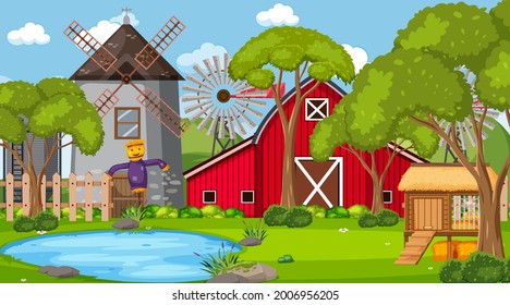 Empty farm scene with red barn and windmill illustration