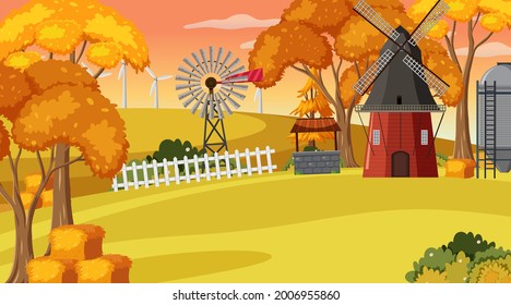 Empty farm at sunset time scene with windmill illustration