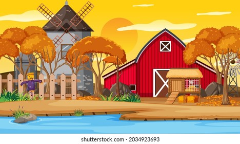 Empty farm at sunset time scene with red barn and windmill illustration