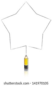 Empty fat five pointed star message panel drawn by a small yellow lead pencil with a reflection