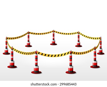 Empty fenced restricted area. Round zone with barrier tape and bollards. Vector illustration