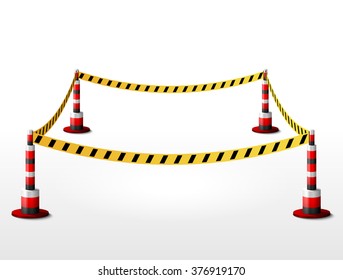 Empty fenced restricted area. Square zone with barrier tape and bollards. Vector illustration