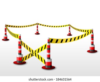 Empty fenced restricted area. Zone with barrier tape and bollards. Qualitative vector (EPS-10) illustration for security, protection, enclosure, etc. It has transparency, blending modes, gradients 