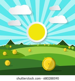 Empty Field Vector Illustration. Natural Scene with Sun and Clouds.
