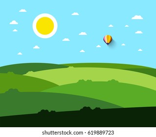 Empty Field. Vector Landscape with Sun and Hot Air Balloon. Nature Scene.