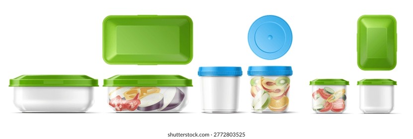 Empty and filled food containers. Realistic transparent plastic boxes with sliced fruits and vegetables. Round and square packaging with colored lids. Top and side view. Vector isolated packages set
