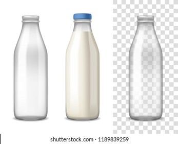 Empty and filled milk glass bottles realistic set on white and transparent isolated backgrounds vector illustration 