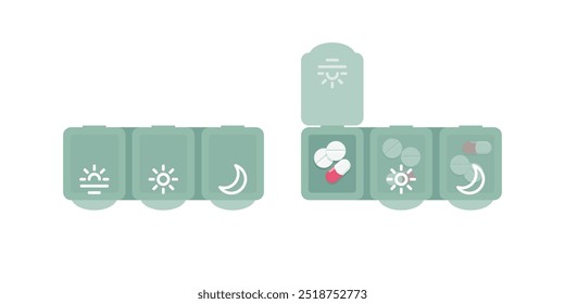 Empty and filled with pills pharmacy daily pill boxes, green plastic medical boxes. Flat style vector illustration