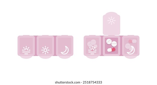 Empty and filled with pills pharmacy daily pill boxes, pink plastic medical boxes. Flat style vector illustration	