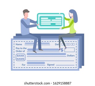 Empty financial account, electronic form filling template. Sitting man and woman holding online payment card, blue blank, pay and order, dollars vector