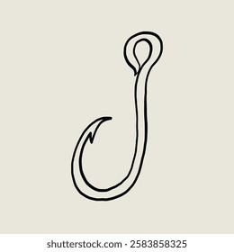 Empty Fish Hook Sketch Linear Single. Fishhook Isolated Bait. Vector Line Clipart