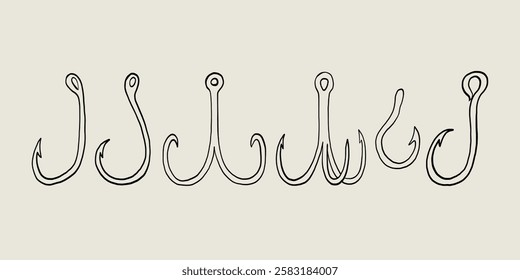 Empty Fish Hook Sketch Set. Fishhook Isolated Bait Collection. Vector Line Clipart