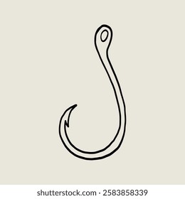 Empty Fish Hook Sketch Simple Single. Fishhook Isolated Bait. Vector Line Clipart