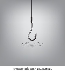 Empty fishing hook over diverging water waves