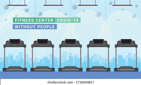 Empty fitness center. No people after pandemic of covid-19 corona virus.  Flat design style vector concept.