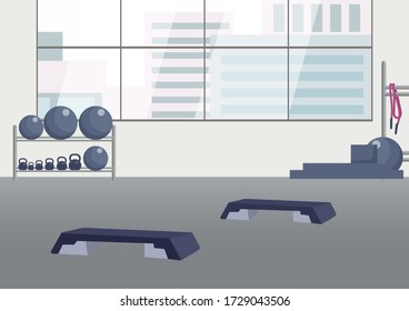 Empty Fitness Club Flat Color Vector Illustration. Gym 2D Cartoon Interior With Equipment On Background. Sports Center With No People Inside. Gear For Bodybuilding, Aerobics And Pilates Training