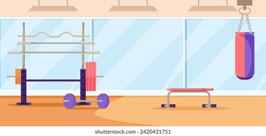 Empty fitness gym interior with big panoramic window. Inside barbell equipment and punching, boxing bag. Concept of gym interior for training exercises. Flat Vector illustration