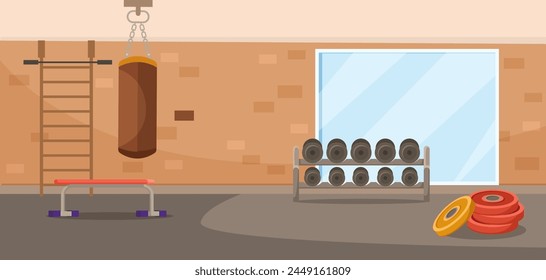 Empty fitness gym interior with big panoramic window. Inside barbell equipment and punching, boxing bag. Concept of gym interior for training exercises. Flat Vector illustration