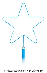 Empty five round pointed Star message panel drawn by a small Blue Colouring pencil with a reflection